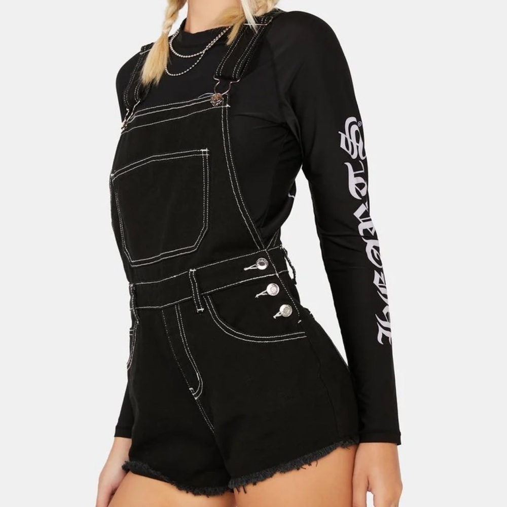 Edikted Black Dungaree Denim Short Alls Overall Romper Size Medium